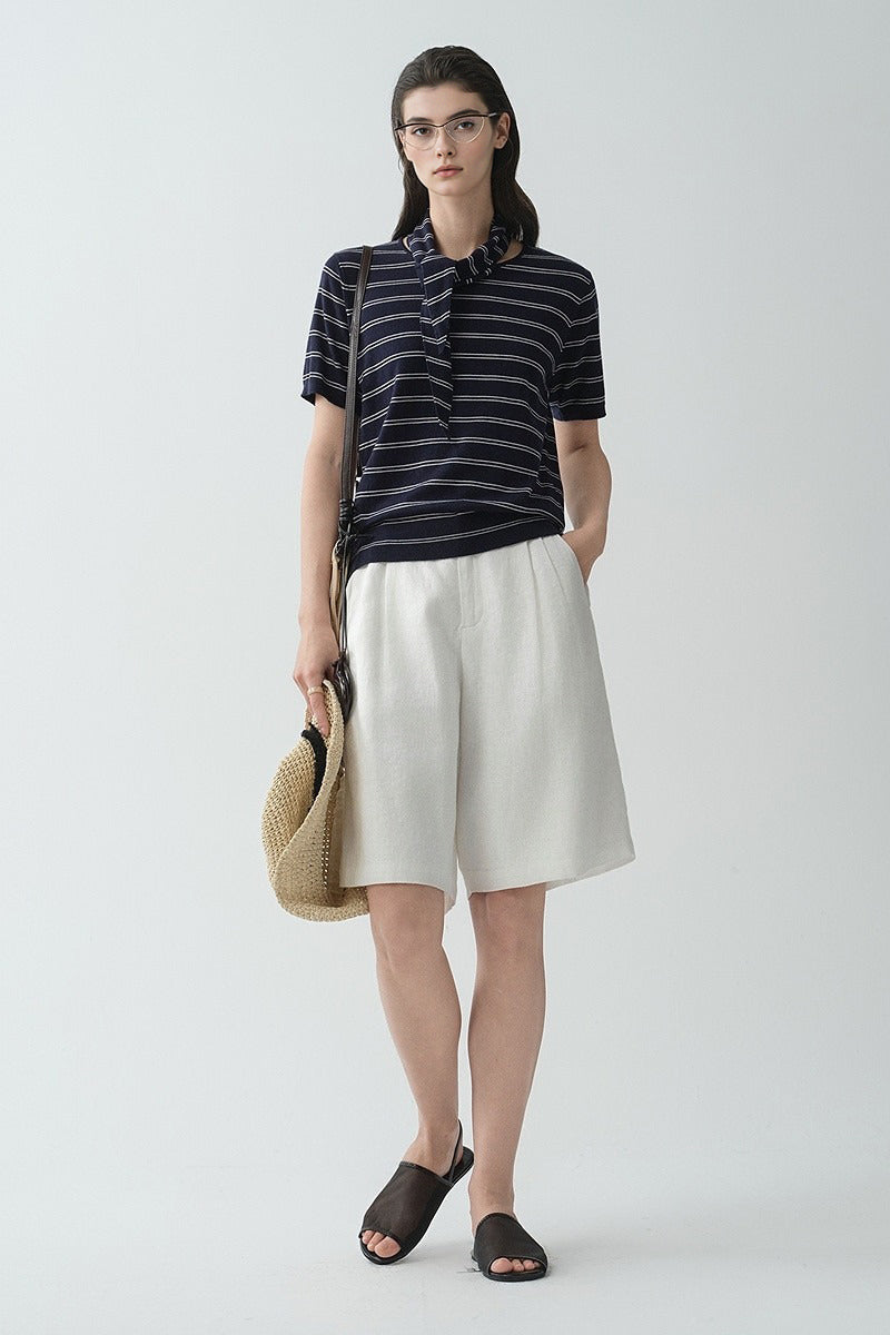100 French Linen High-Waisted Wide-Leg Pleated Shorts