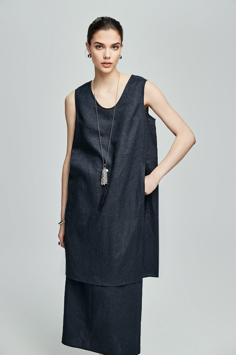 100 French Linen Loose Scoop-Neck Long Tank Top With Side Slit