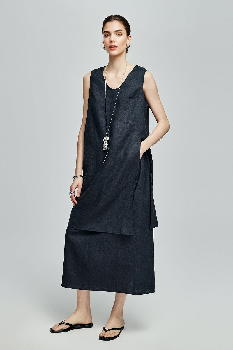 100 French Linen Loose Scoop-Neck Long Tank Top With Side Slit
