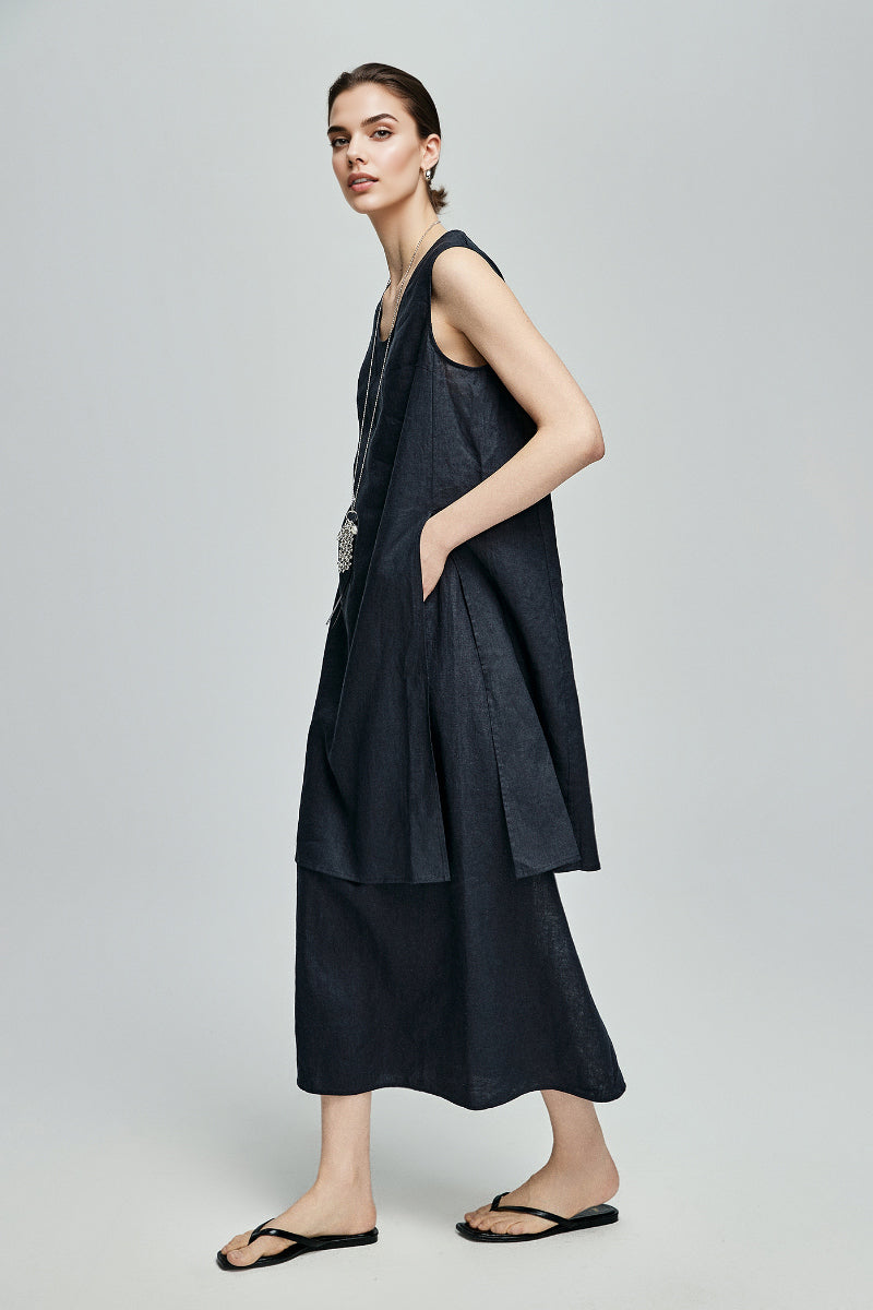 100 French Linen Loose Scoop-Neck Long Tank Top With Side Slit