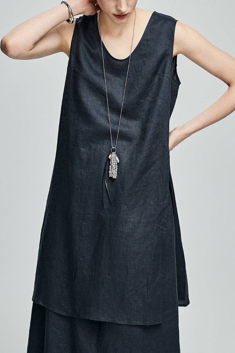 100 French Linen Loose Scoop-Neck Long Tank Top With Side Slit