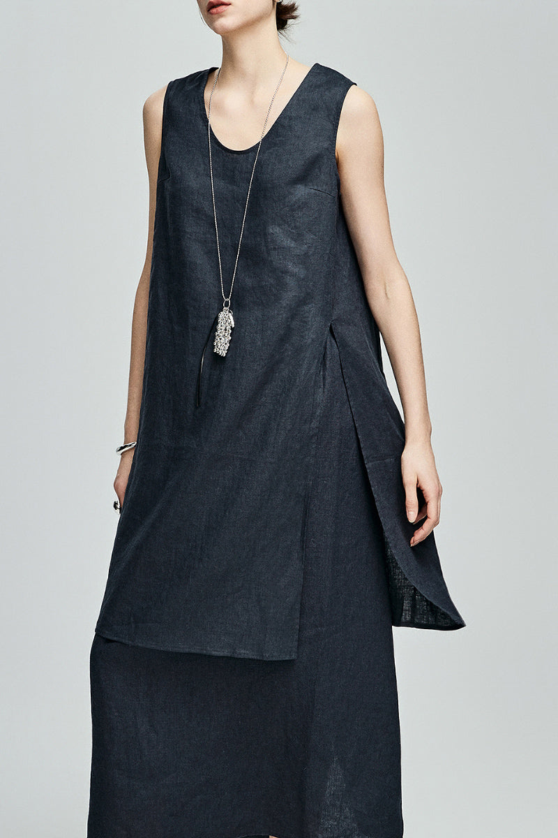 100 French Linen Loose Scoop-Neck Long Tank Top With Side Slit