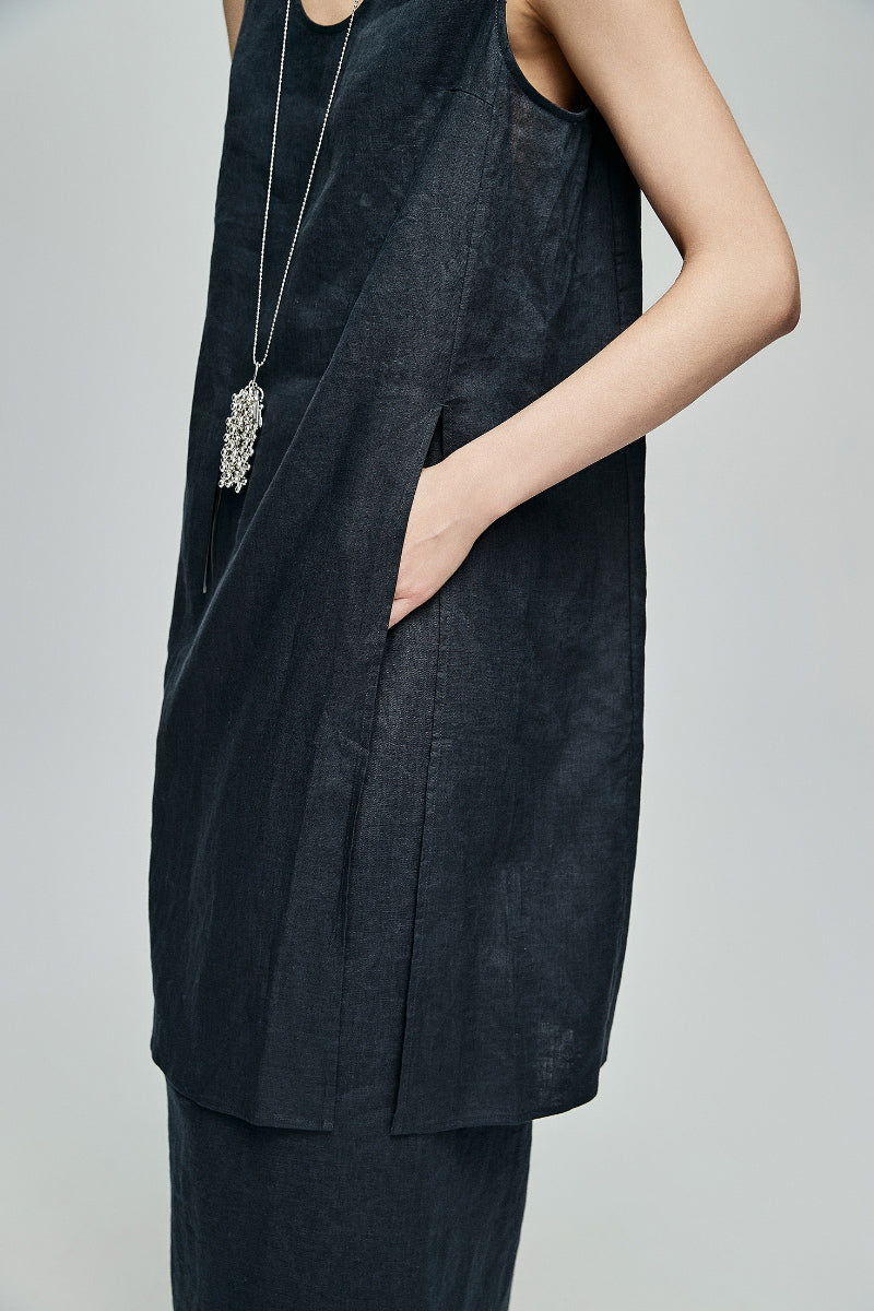 100 French Linen Loose Scoop-Neck Long Tank Top With Side Slit