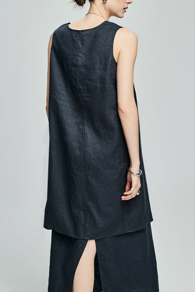 100 French Linen Loose Scoop-Neck Long Tank Top With Side Slit