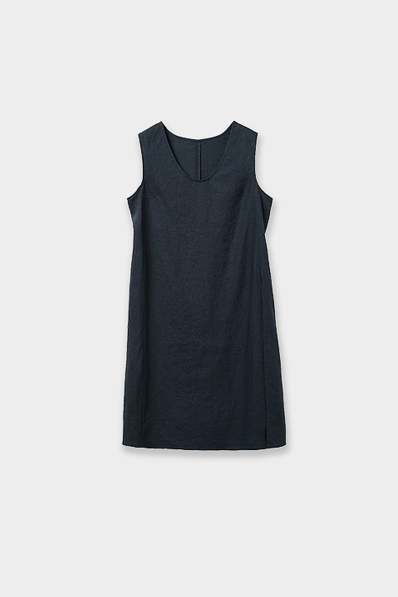 100 French Linen Loose Scoop-Neck Long Tank Top With Side Slit