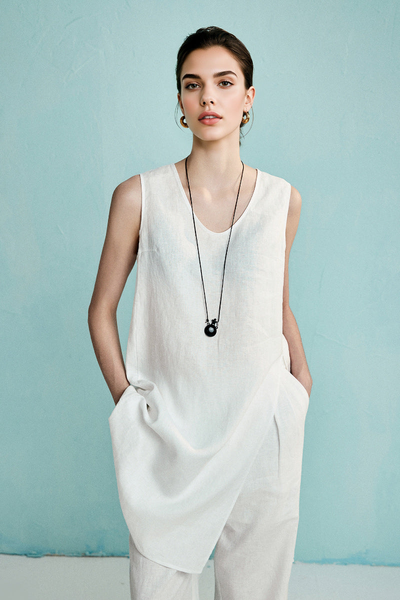 100 French Linen Loose Scoop-Neck Long Tank Top With Side Slit