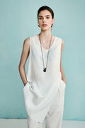 100 French Linen Loose Scoop-Neck Long Tank Top With Side Slit