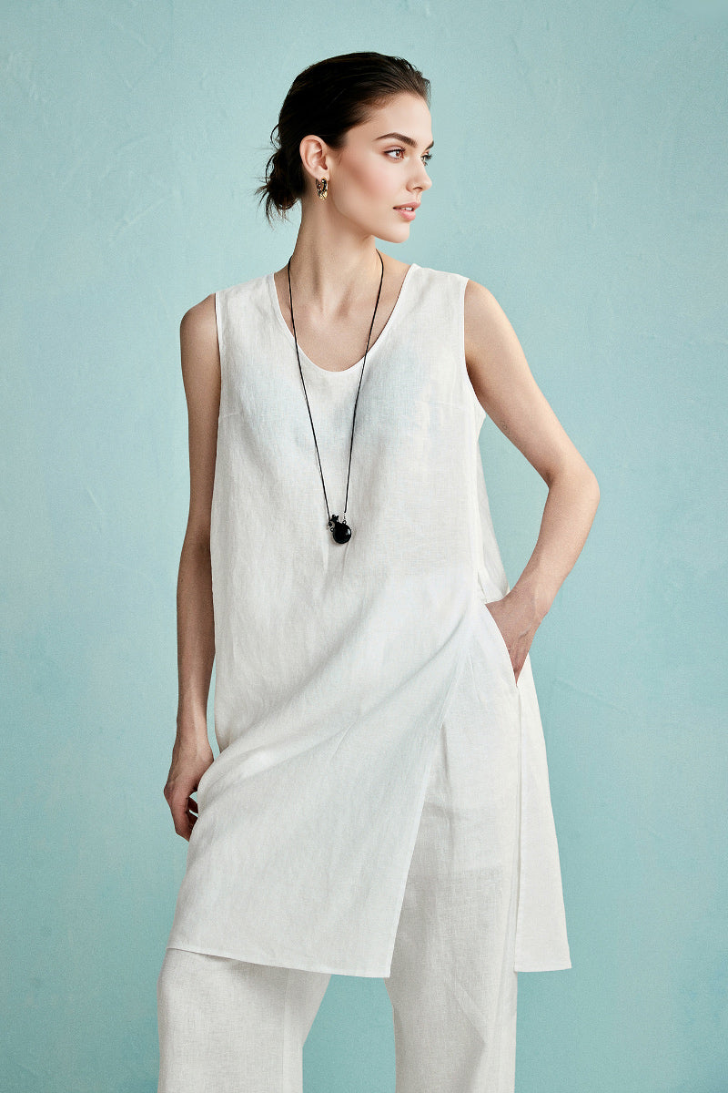 100 French Linen Loose Scoop-Neck Long Tank Top With Side Slit