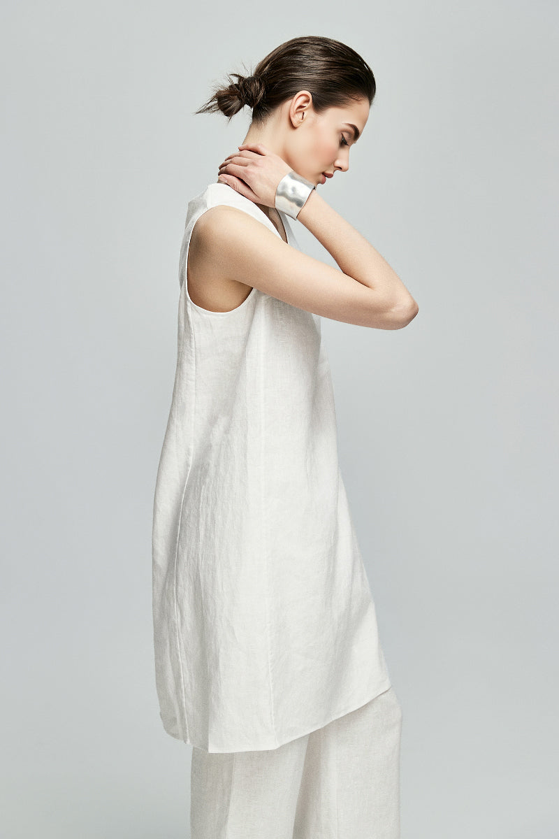 100 French Linen Loose Scoop-Neck Long Tank Top With Side Slit