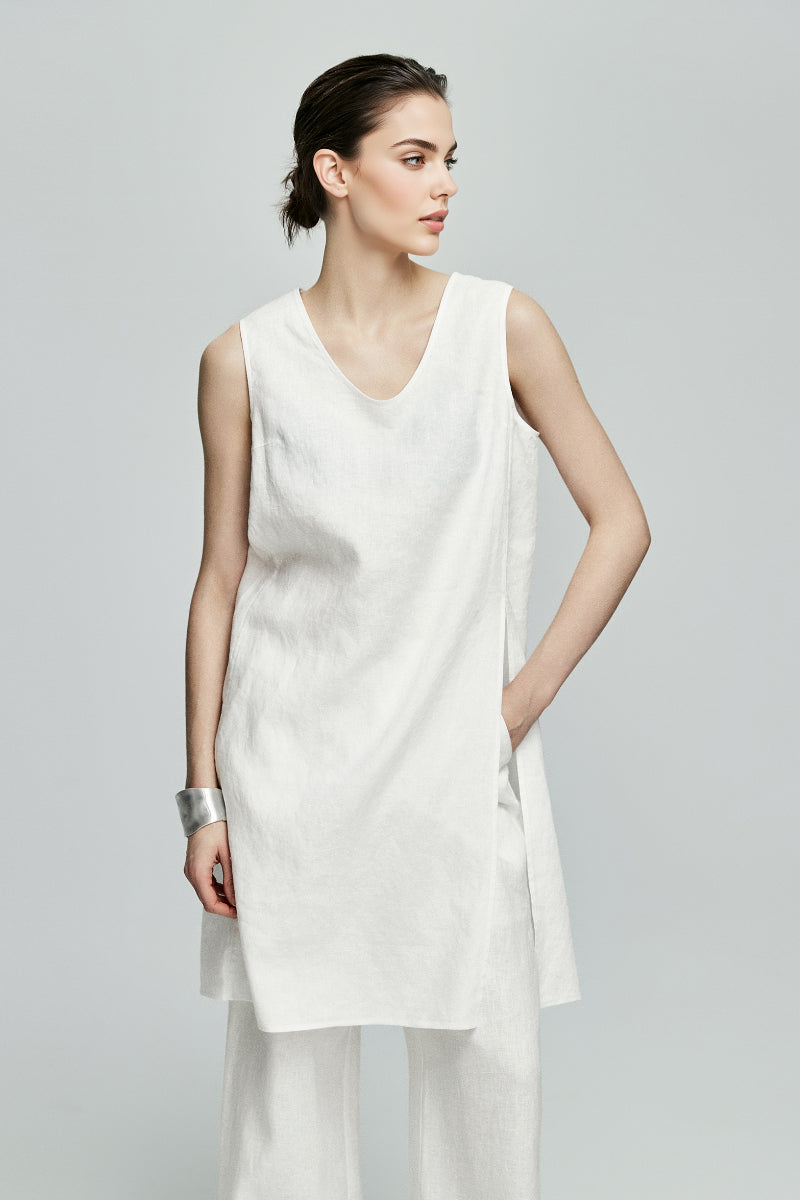100 French Linen Loose Scoop-Neck Long Tank Top With Side Slit