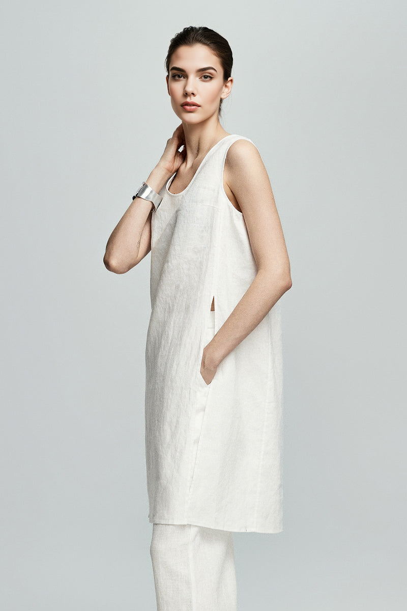 100 French Linen Loose Scoop-Neck Long Tank Top With Side Slit