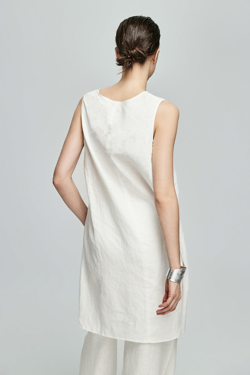 100 French Linen Loose Scoop-Neck Long Tank Top With Side Slit
