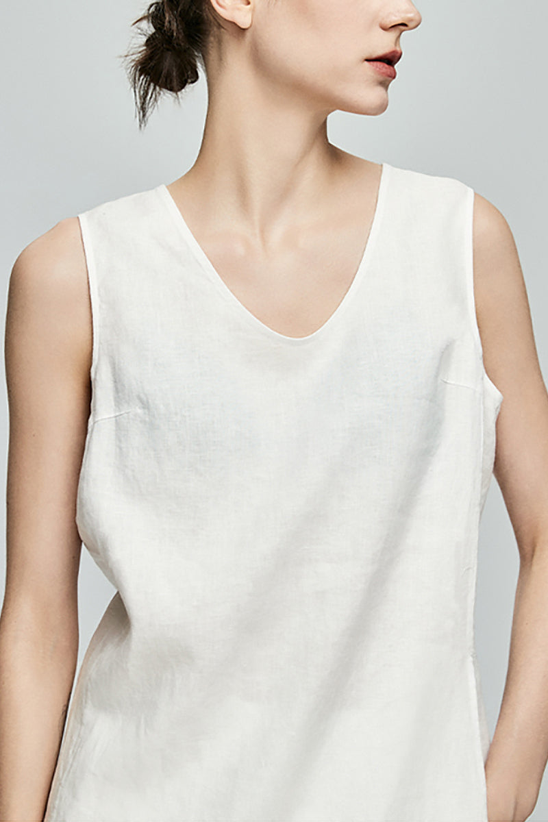 100 French Linen Loose Scoop-Neck Long Tank Top With Side Slit