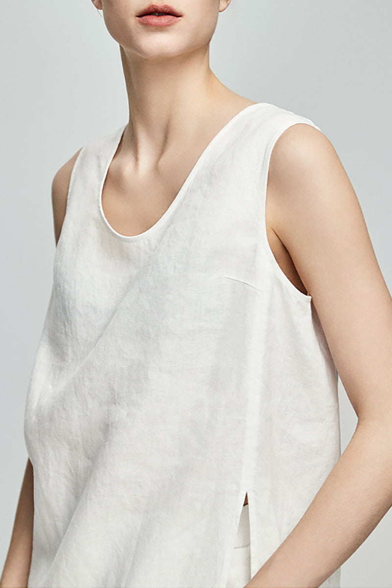 100 French Linen Loose Scoop-Neck Long Tank Top With Side Slit