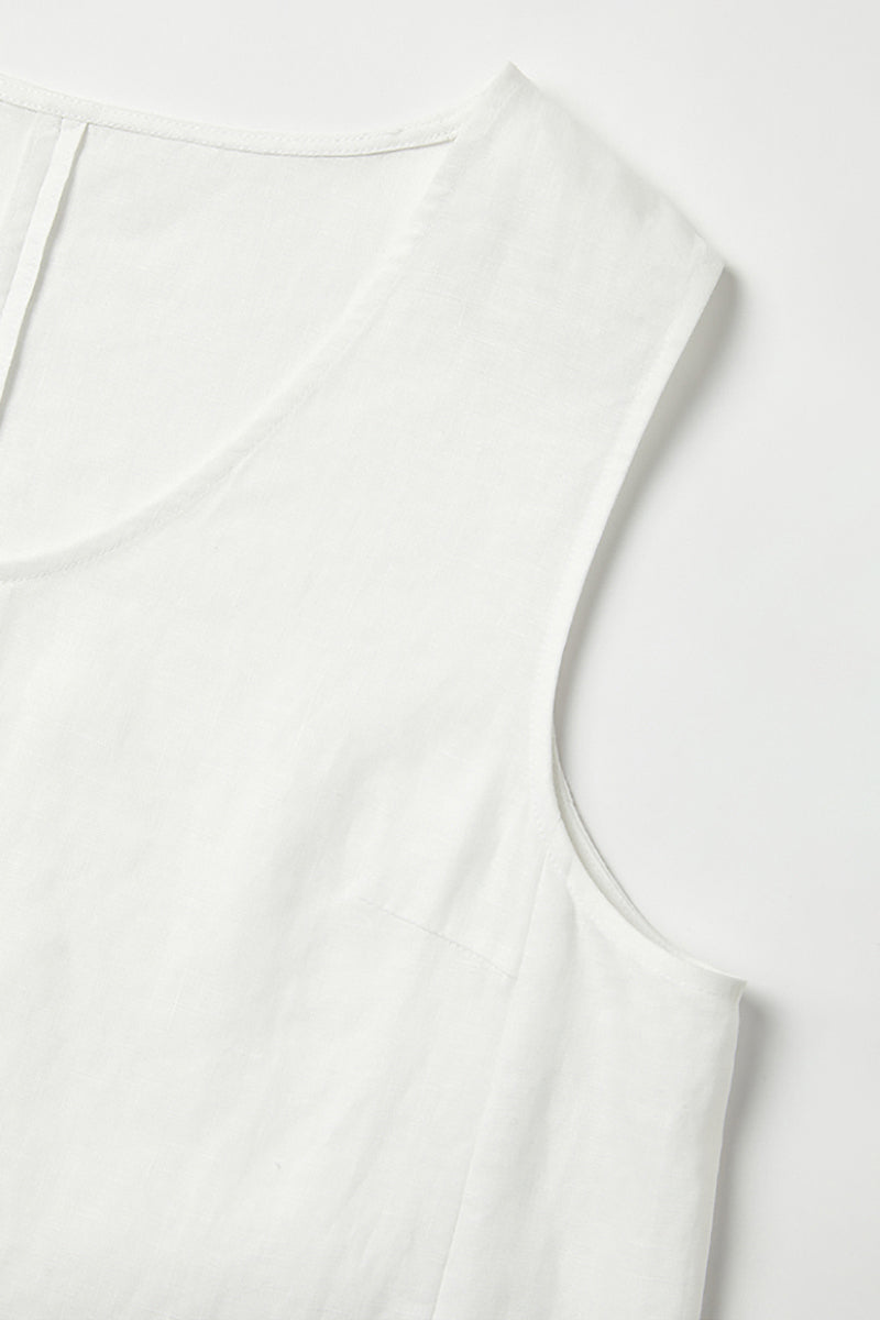 100 French Linen Loose Scoop-Neck Long Tank Top With Side Slit