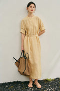 100% Hemp Band Collar Tie-Waist Midi Shirtdress