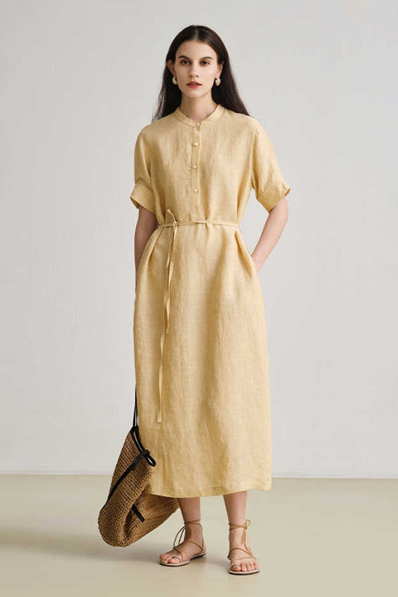 100% Hemp Band Collar Tie-Waist Midi Shirtdress