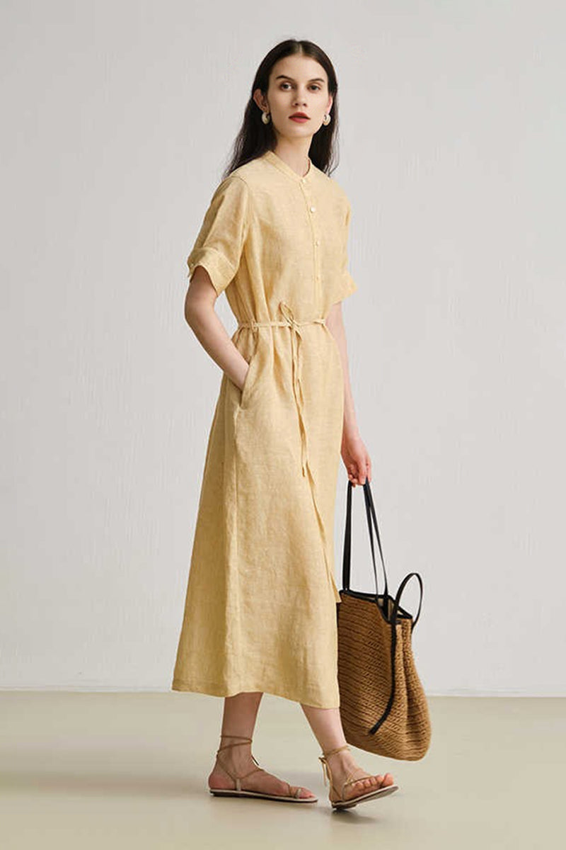 100% Hemp Band Collar Tie-Waist Midi Shirtdress