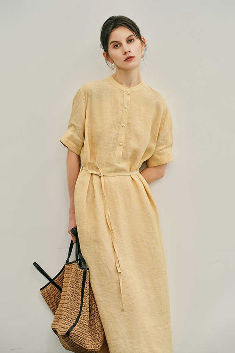 100% Hemp Band Collar Tie-Waist Midi Shirtdress