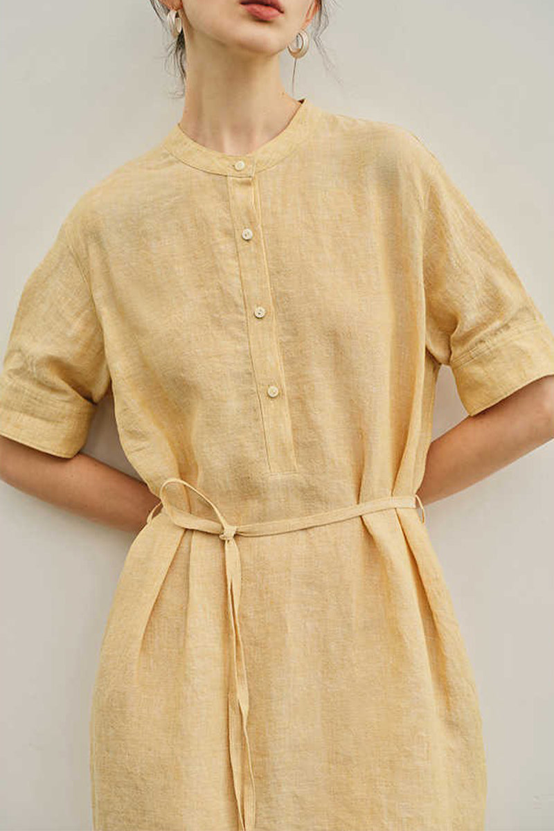100% Hemp Band Collar Tie-Waist Midi Shirtdress