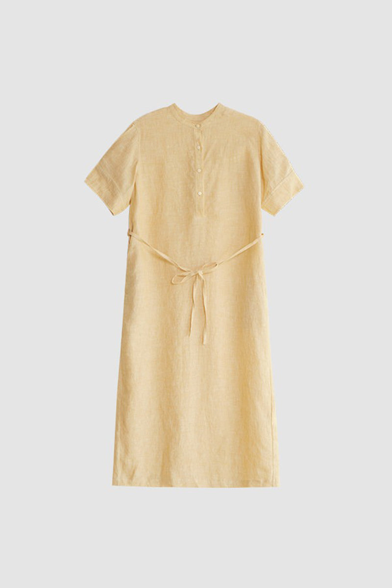 100% Hemp Band Collar Tie-Waist Midi Shirtdress