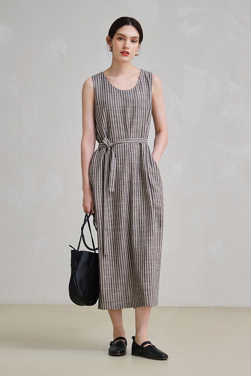 100% Hemp Striped Sleeveless Dress with Tie Waist