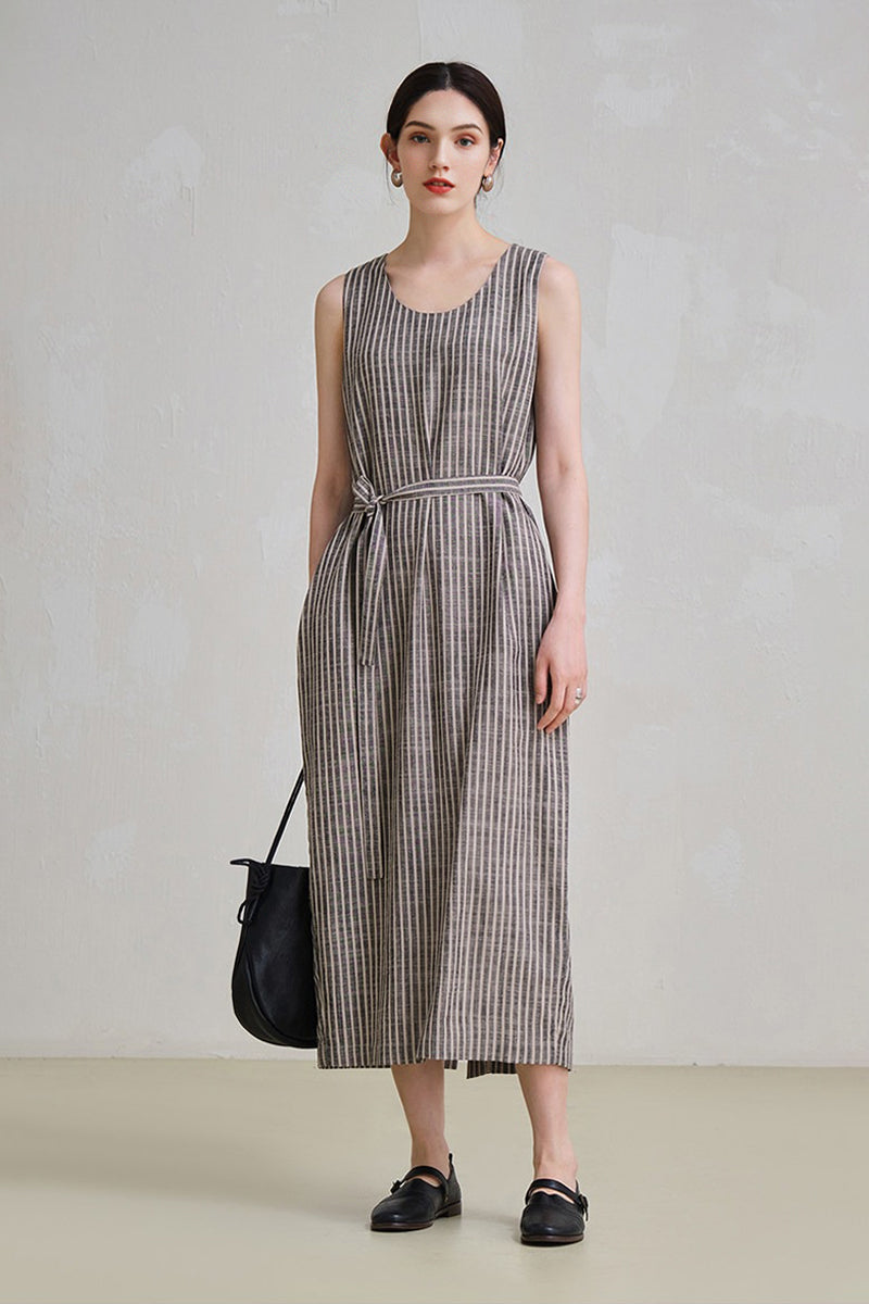100% Hemp Striped Sleeveless Dress with Tie Waist