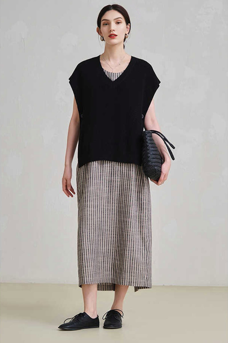 100% Hemp Striped Sleeveless Dress with Tie Waist