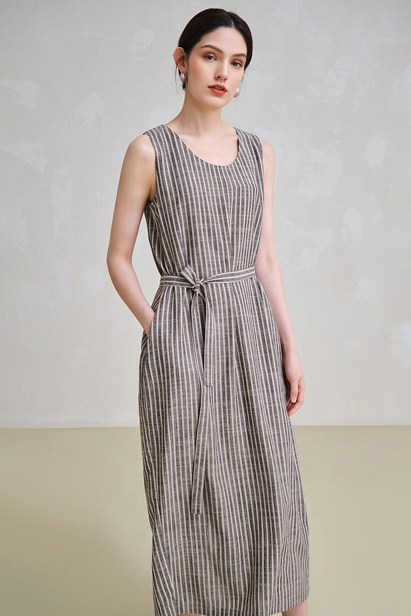 100% Hemp Striped Sleeveless Dress with Tie Waist