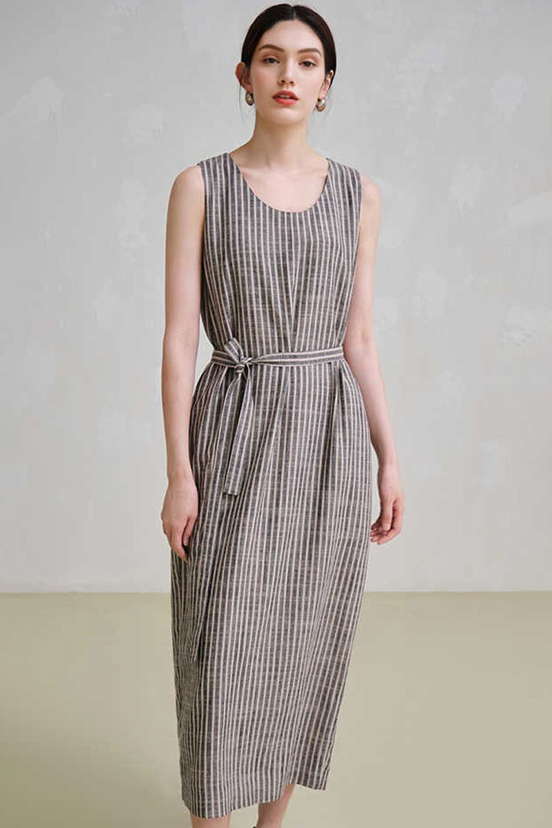 100% Hemp Striped Sleeveless Dress with Tie Waist