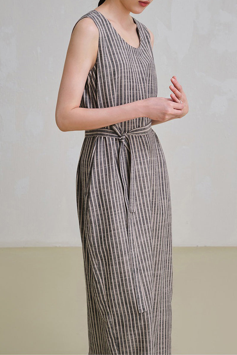 100% Hemp Striped Sleeveless Dress with Tie Waist
