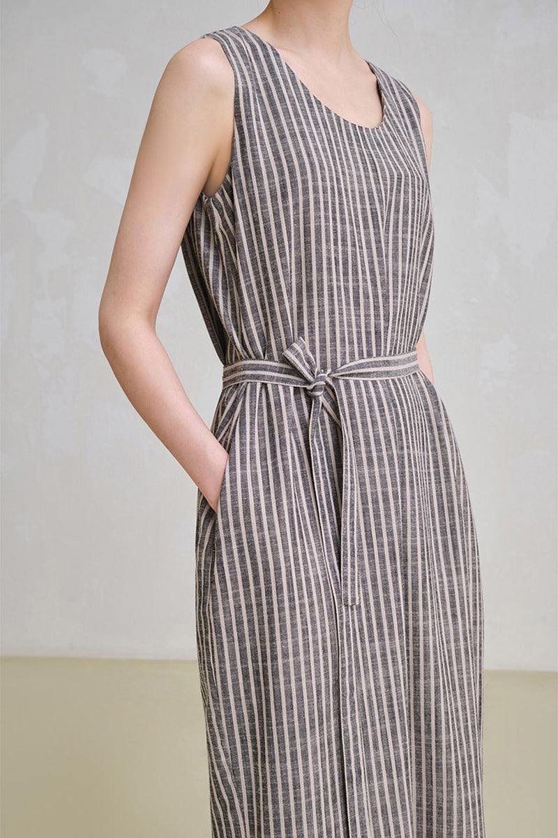 100% Hemp Striped Sleeveless Dress with Tie Waist
