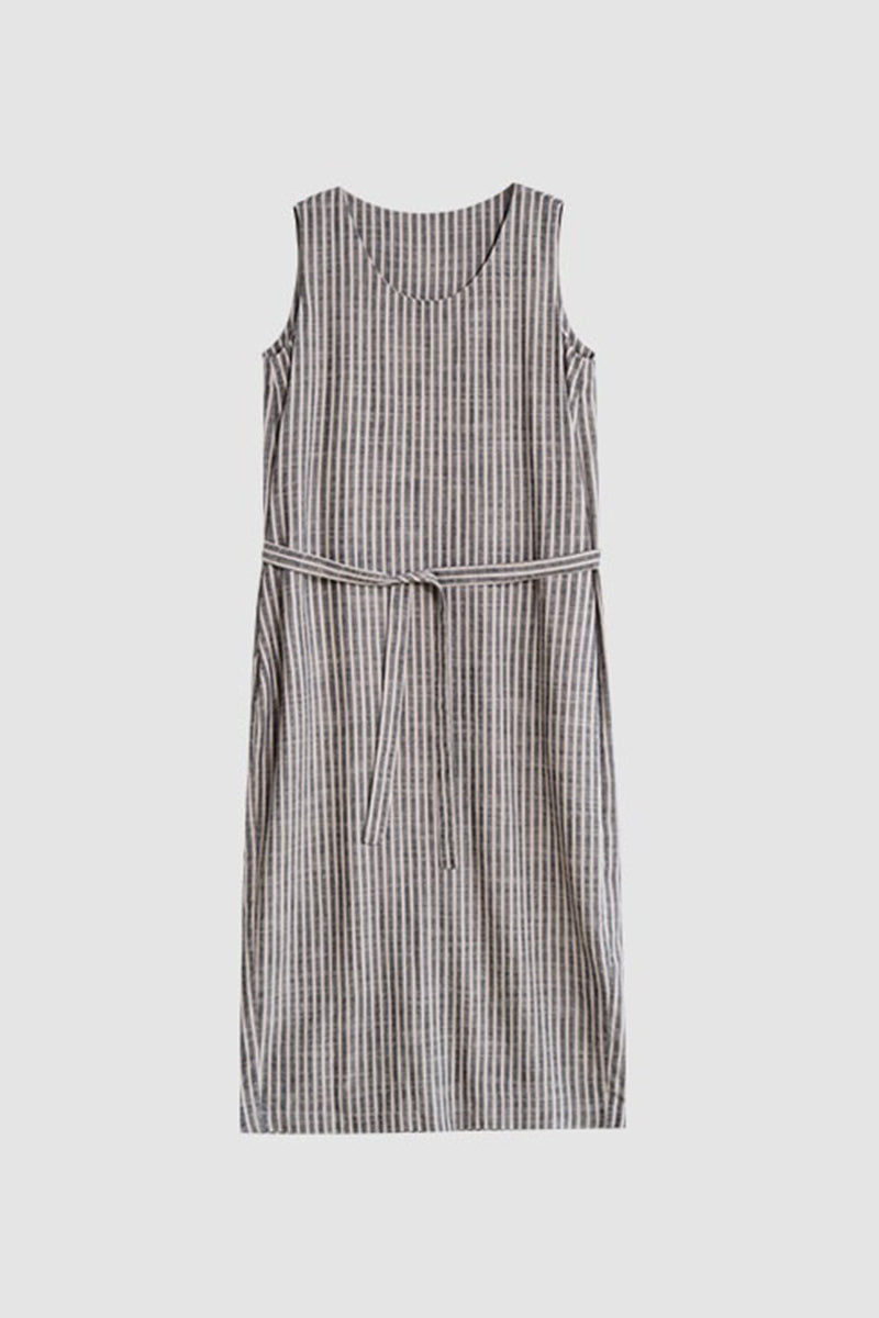 100% Hemp Striped Sleeveless Dress with Tie Waist