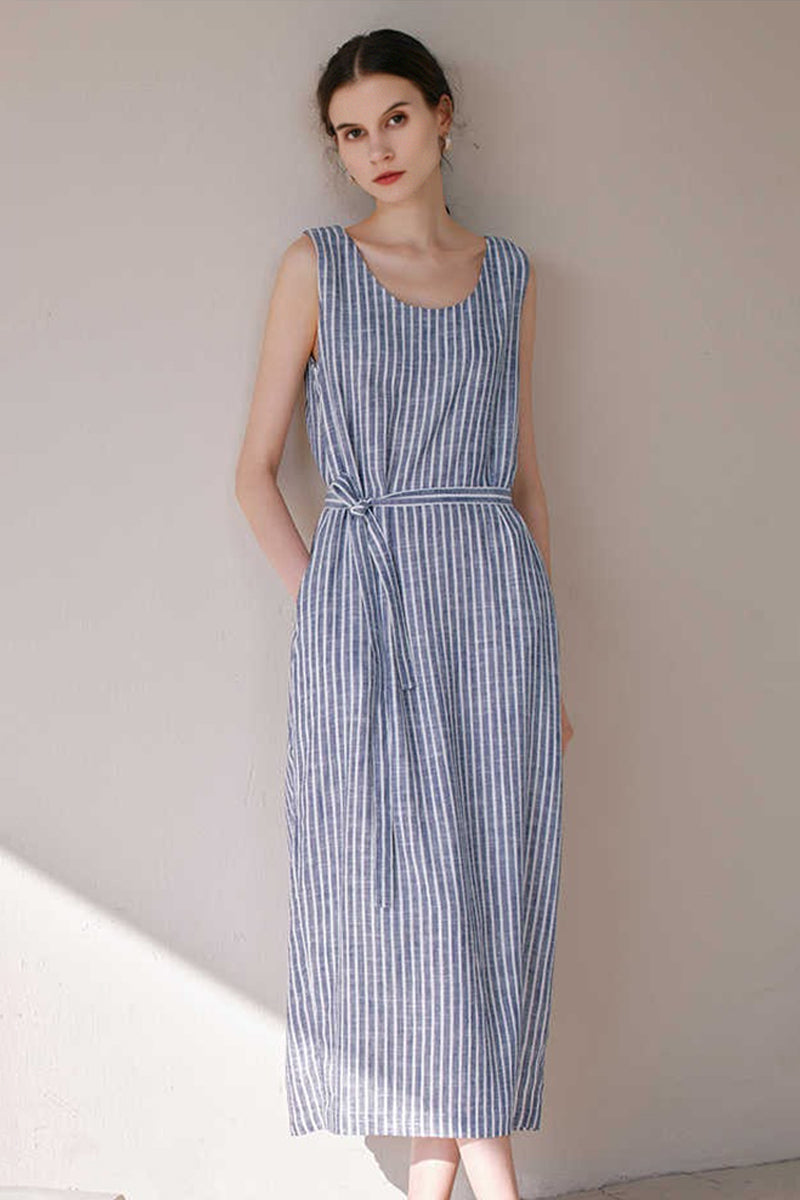 100% Hemp Striped Sleeveless Dress with Tie Waist