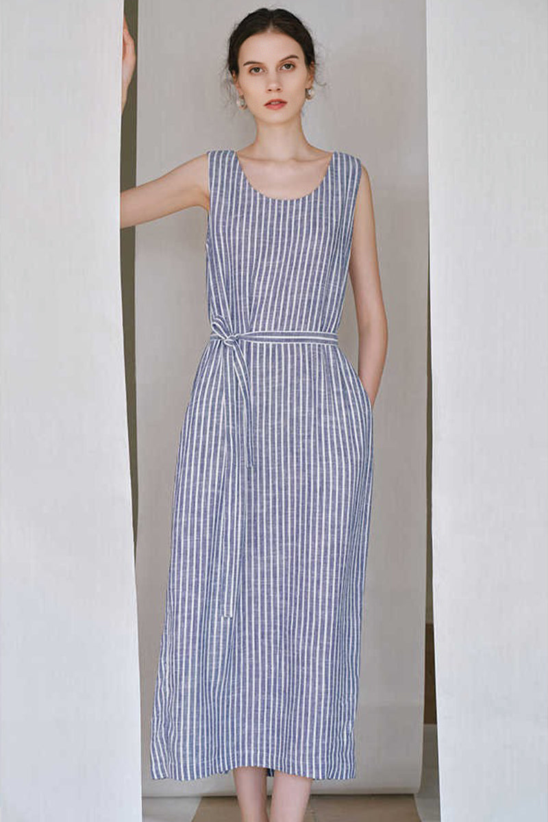 100% Hemp Striped Sleeveless Dress with Tie Waist