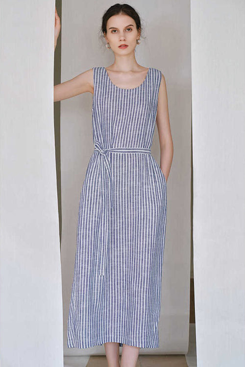 100% Hemp Striped Sleeveless Dress with Tie Waist