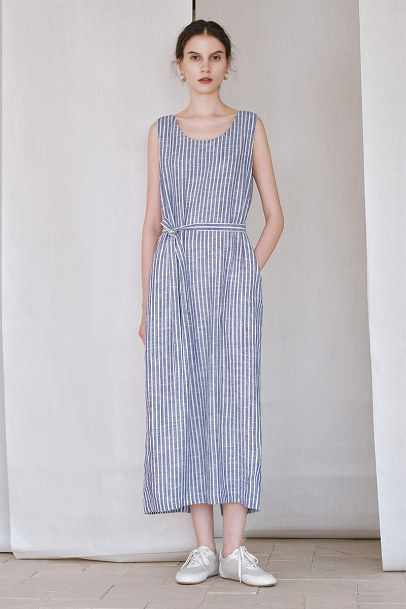 100% Hemp Striped Sleeveless Dress with Tie Waist