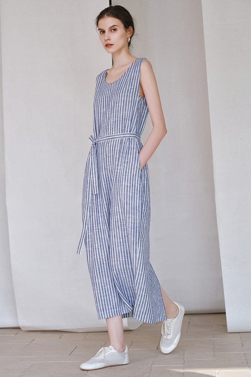 100% Hemp Striped Sleeveless Dress with Tie Waist