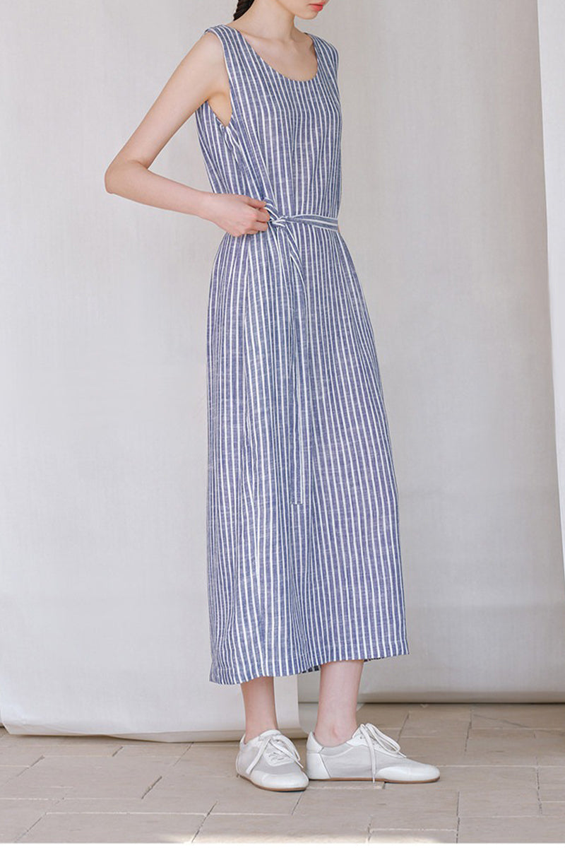 100% Hemp Striped Sleeveless Dress with Tie Waist