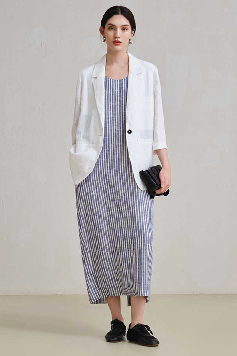 100% Hemp Striped Sleeveless Dress with Tie Waist