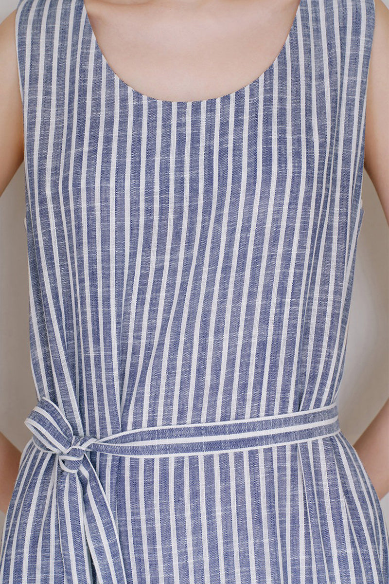 100% Hemp Striped Sleeveless Dress with Tie Waist