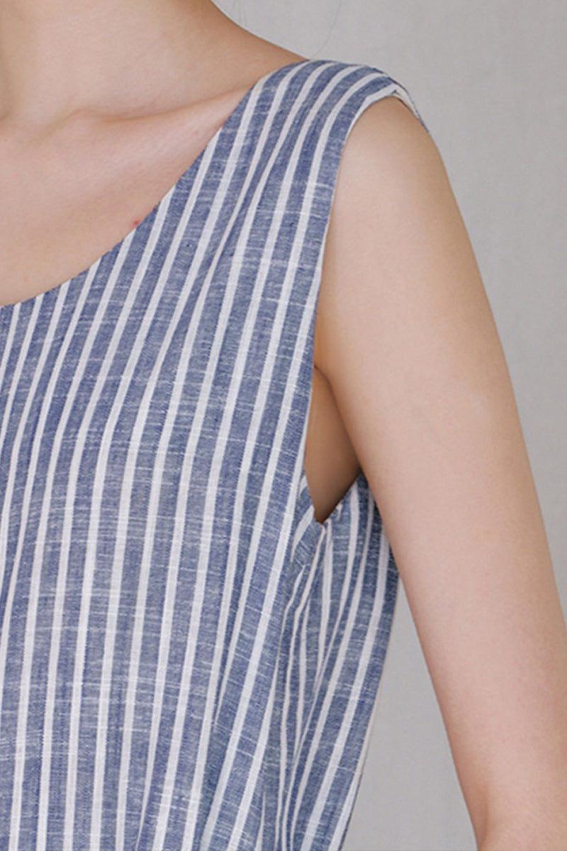 100% Hemp Striped Sleeveless Dress with Tie Waist