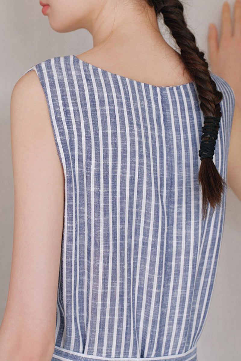 100% Hemp Striped Sleeveless Dress with Tie Waist