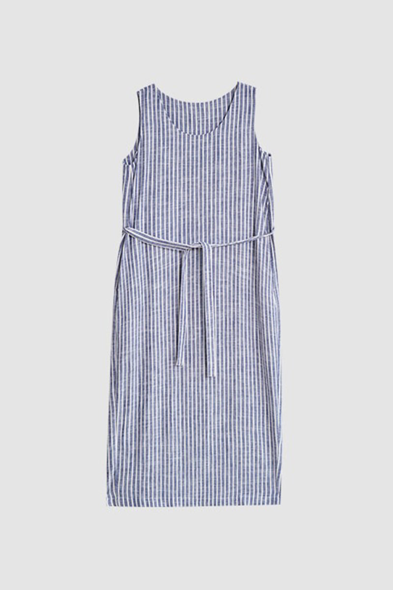 100% Hemp Striped Sleeveless Dress with Tie Waist