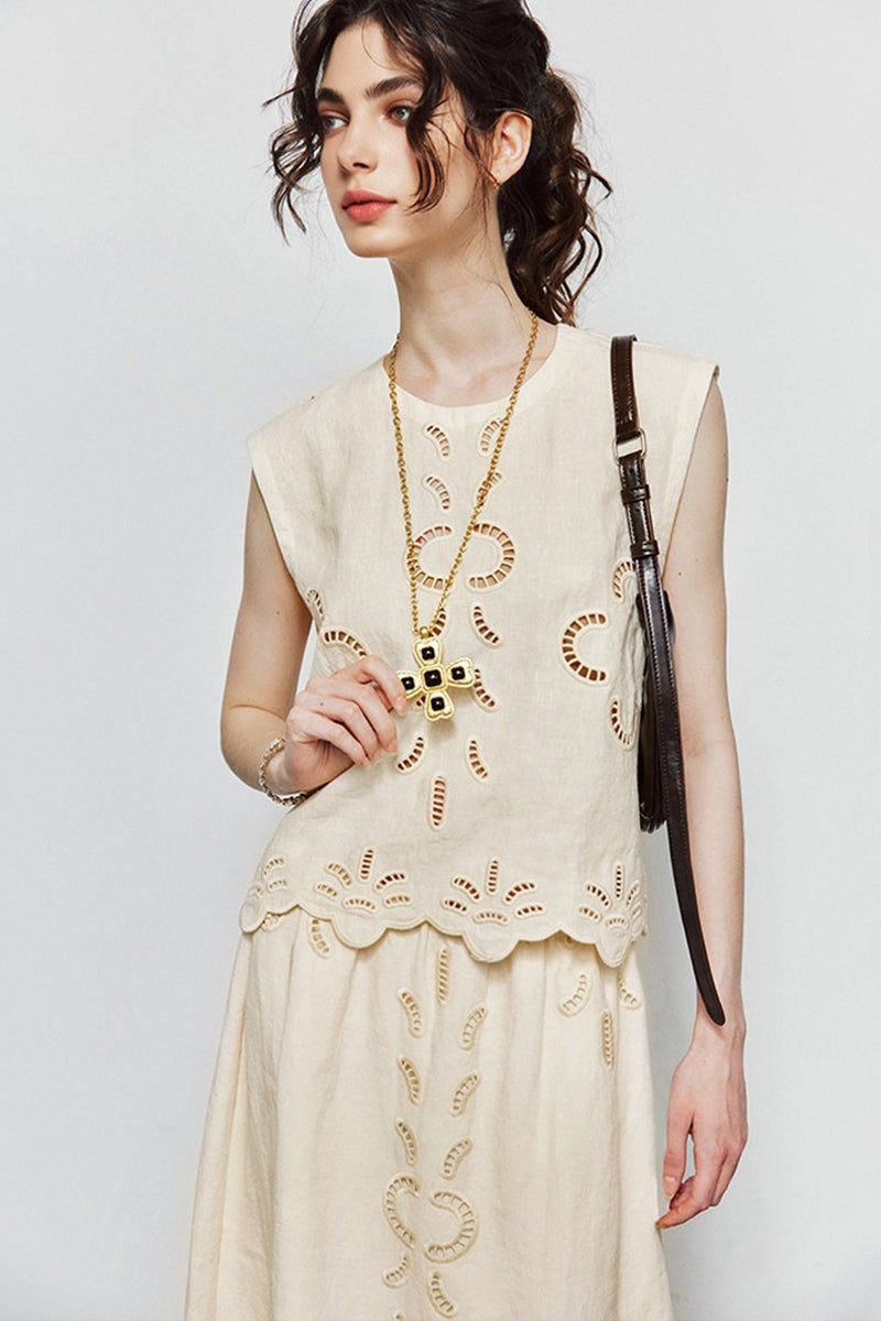 100% Linen Boho Eyelet Sleeveless Tank Top