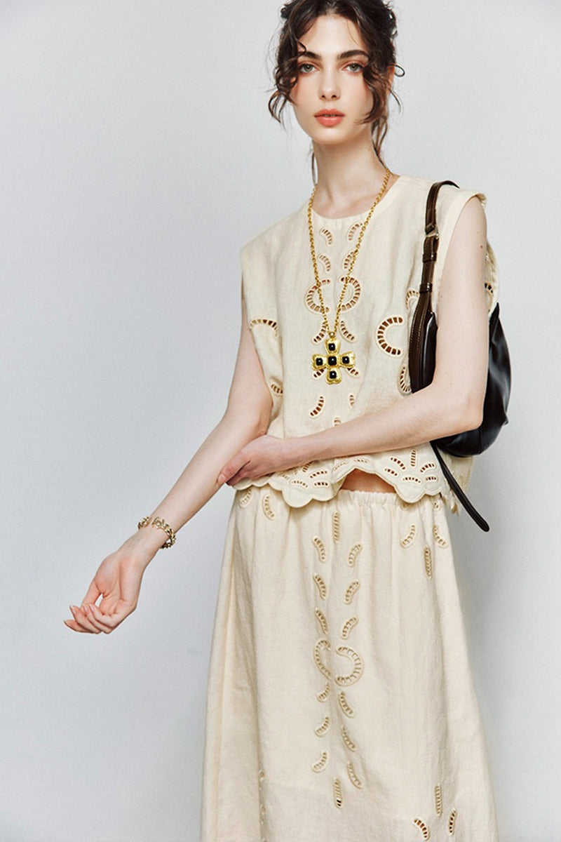 100% Linen Boho Eyelet Sleeveless Tank Top