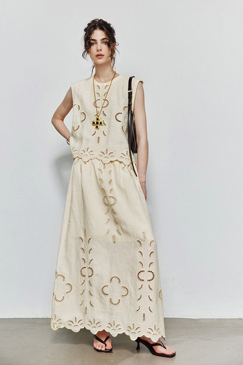 100% Linen Boho Eyelet Sleeveless Tank Top