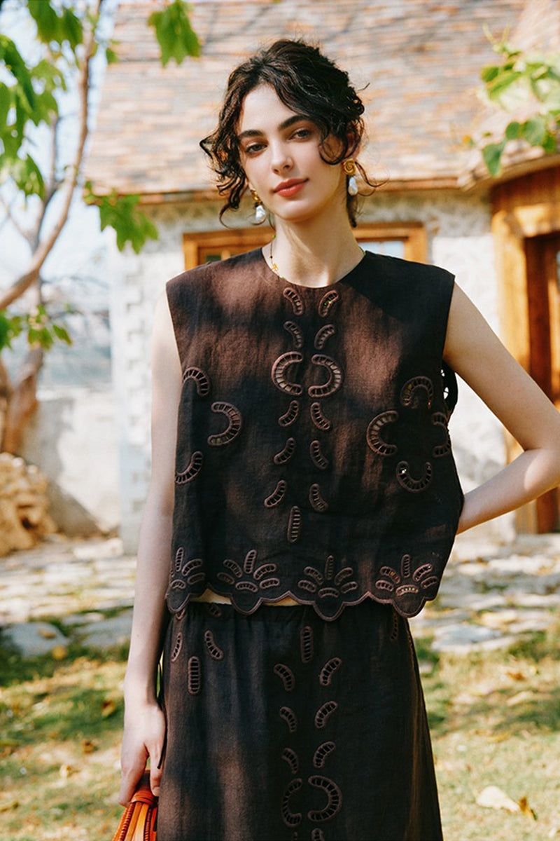 100% Linen Boho Eyelet Sleeveless Tank Top