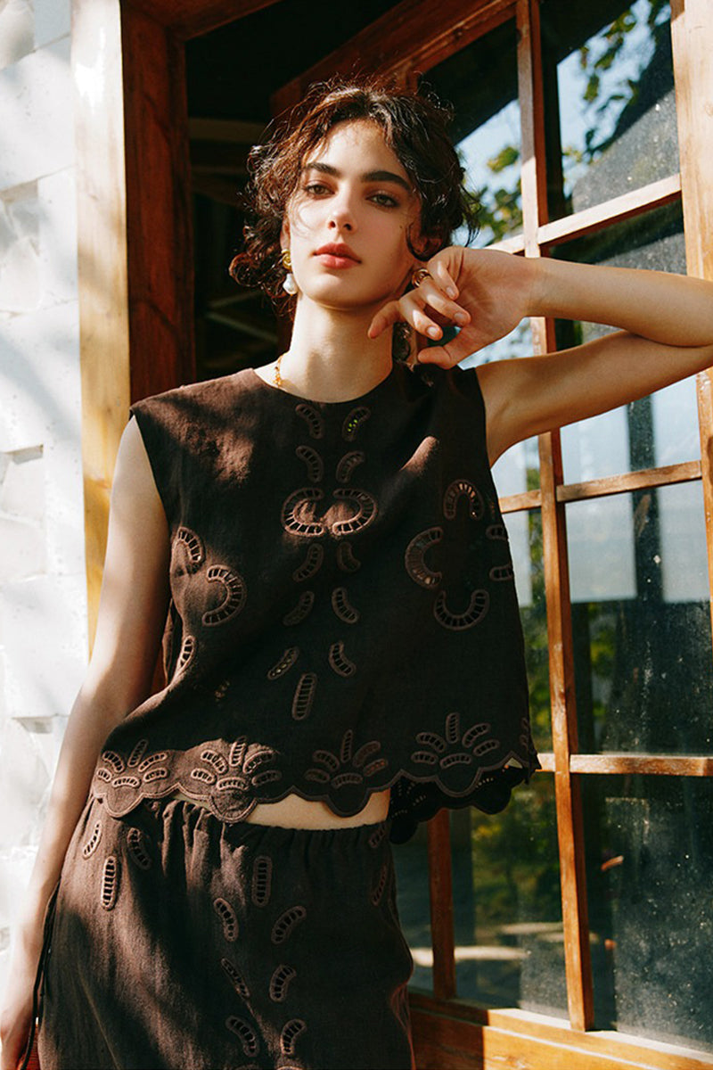 100% Linen Boho Eyelet Sleeveless Tank Top