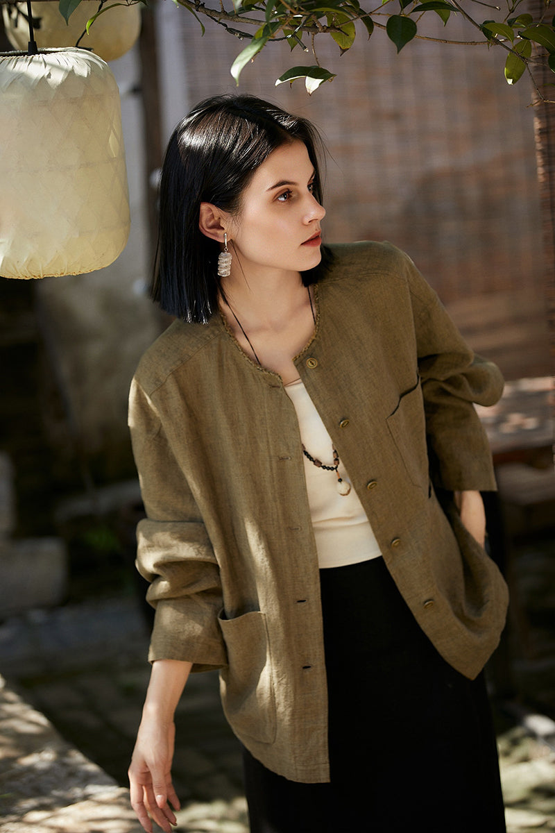 100% Linen Button Up Long Sleeve Shirt Jacket
